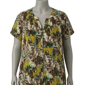 Roaman's Womens Plus 30W Brown Yellow Floral Rayon Blouse Semi Sheer Y2K Artsy